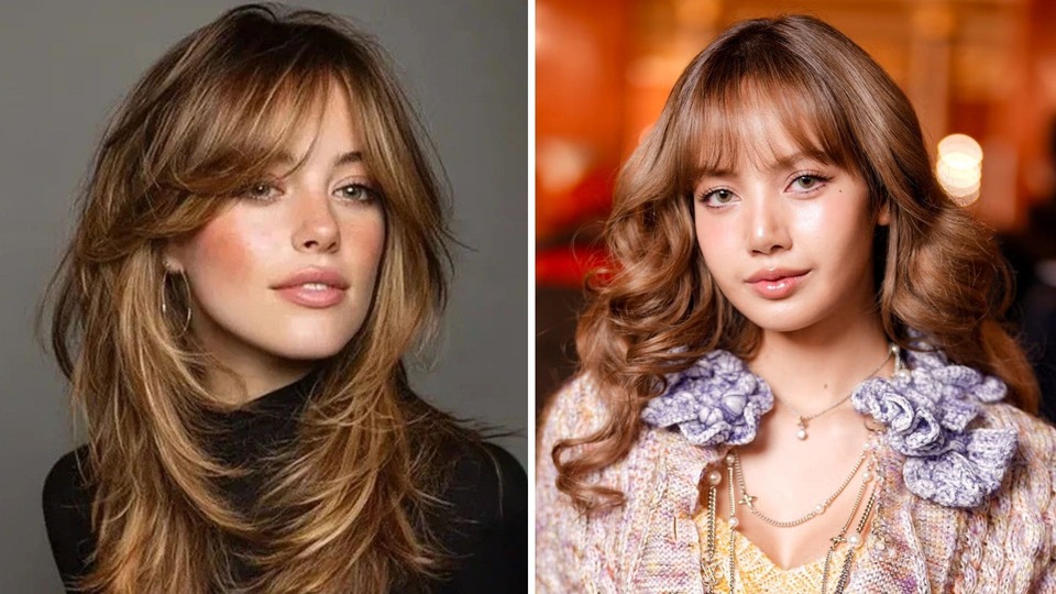 butterfly cut на довге волосся з чолкою